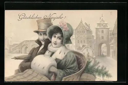 Künstler-AK Wichera: Elegantes Paar in einer Kutsche vor einer Stadt, Neujahrsgruss
