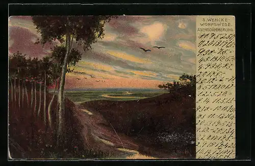 Künstler-AK Sophie Wencke: Worpswede, Abenddämmerung