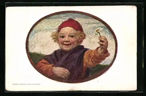 Künstler-AK Ludwig von Zumbusch: München, Knabe mit Zipfelmütze zeigt eine Margerite, Margeritentag 1911