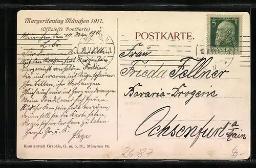 Künstler-AK Ludwig von Zumbusch: München, Knabe mit Zipfelmütze zeigt eine Margerite, Margeritentag 1911