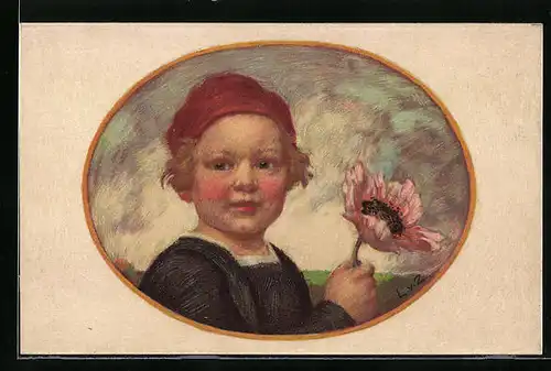 Künstler-AK Ludwig von Zumbusch: Nürnberg, Knabe mit Zipfelmütze und Mohnblume, Bayerischer Blumentag 1913