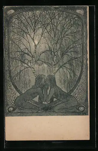 Künstler-AK Fidus: Birkenmaerchen, Liebespaar küsst sich