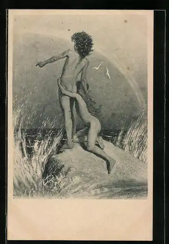 Künstler-AK Fidus: Nacktes Kinderpaar auf der Klippe