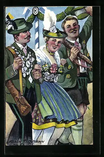 AK Frau und zwei Schützen in Tracht