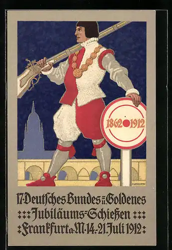 Künstler-AK Frankfurt a. M., 17. Deutsches Bundes- u. Goldenes Jubiläums-Schiessen 1912, Schütze mit Gewehr