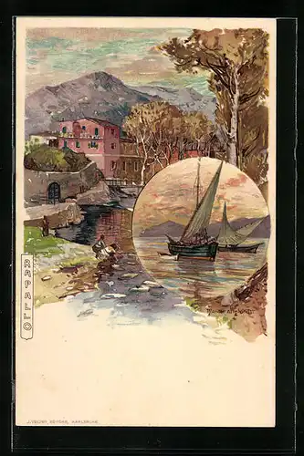 Künstler-AK Manuel Wielandt: Rapallo, Uferpartie, Zwei Segelboote in Fahrt