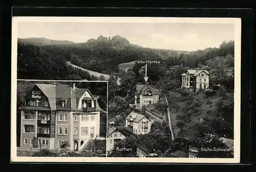 AK Rathen /Sa., Teilansicht mit Pension Villa Martha von oben gesehen, Einzelansicht der Villa