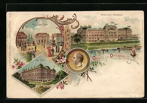 Lithographie Dresden, Neustädter Markt, Finanz-Ministerium, Japanisches Palais