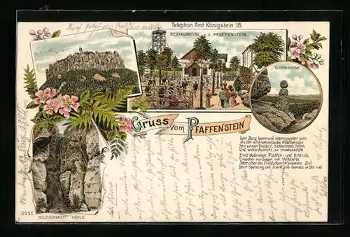 Lithographie Königstein, Gasthaus auf dem Pfaffenstein, Goldschmidt Höhle