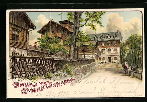 Lithographie Grosser Winterberg, Strassenpartie mit Gasthaus