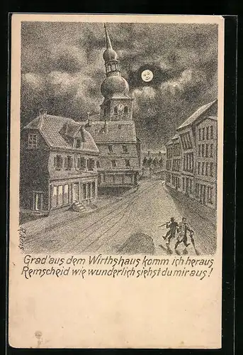 Wirtshaus-AK Remscheid, Strassenpartie mit Kirche aus der Sicht eines Betrunkenen