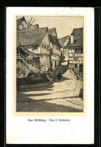 Künstler-AK Wildberg, Strassenpartie mit alten Häusern