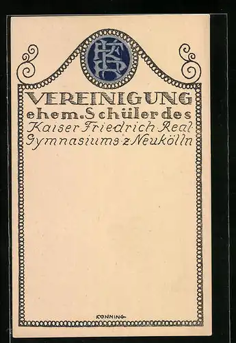 Künstler-AK Berlin-Neukölln, Vereinigung ehemaliger Schüler des Kaiser Friedrich-Realgymnasiums, Logo und Ornament