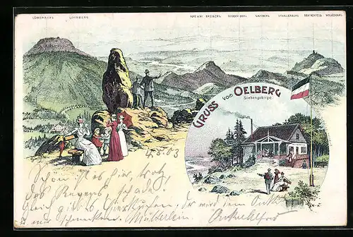 Lithographie Königswinter, Oelberg mit Löwenburg
