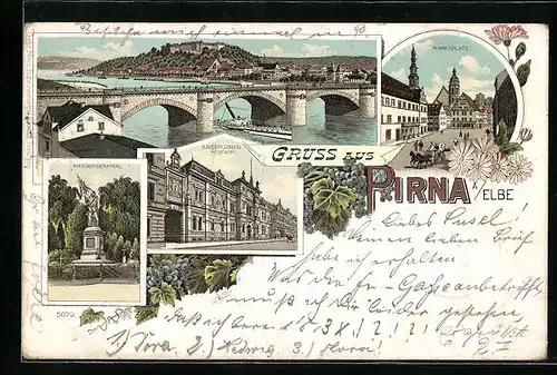 Lithographie Pirna /Elbe, Sonnenstein, Ansicht mit Elbbrücke, Kriegerdenkmal, Postamt