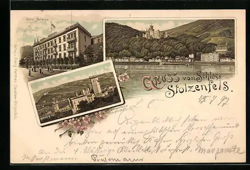 Lithographie Stolzenfels, Schloss und Hotel Bellevue