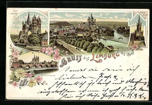 Lithographie Limburg a. d. Lahn, Ortsansicht mit Dom und Ev. Kirche
