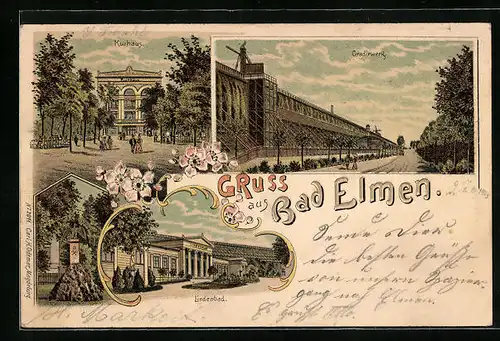 Lithographie Bad Elmen, Kurhaus, Gradirwerk, Lindenbad