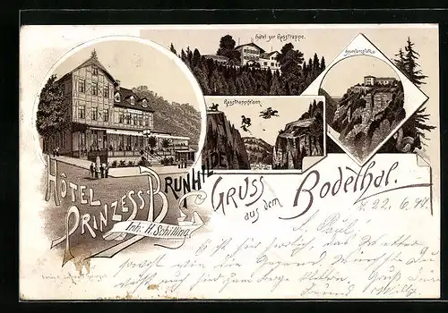 Lithographie Thale, Hotel Prinzess Brunhilde im Bodethal, Hotel zur Rosstrappe, Rosstrappfelsen