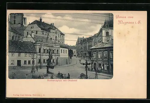 AK Meerane i. S., Bismarckplatz mit Gasthaus zum Gambrinus und Denkmal