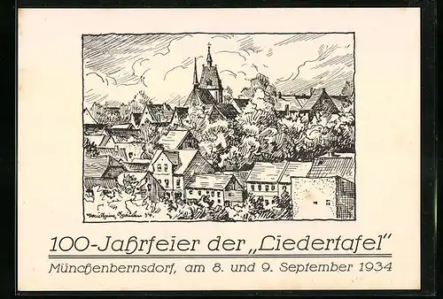Künstler-AK Münchenbernsdorf, 100-Jahrfeier der Liedertafel 1934, Teilansicht