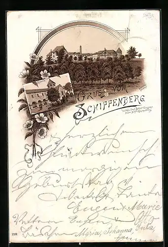 Vorläufer-Lithographie Giessen, Schiffenberg, 1895, Kapelle, Ortspartie