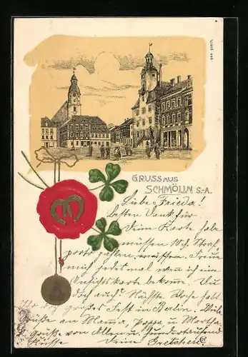 Lithographie Schmölln /S.-A., Ortspartie, Siegel mit Kleeblättern