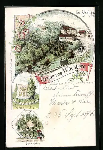 Lithographie Dresden-Wachwitz, Gasthaus Wachberg, Wettin-Stein, Bismarckstein