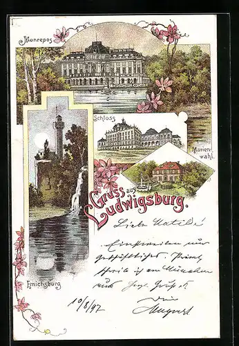 Lithographie Ludwigsburg, Monrepos, Schloss, Marienwahl