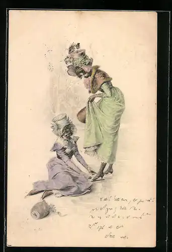 Künstler-AK M. Munk Nr.: Frau bindet einer Dame die Schlittschuhe
