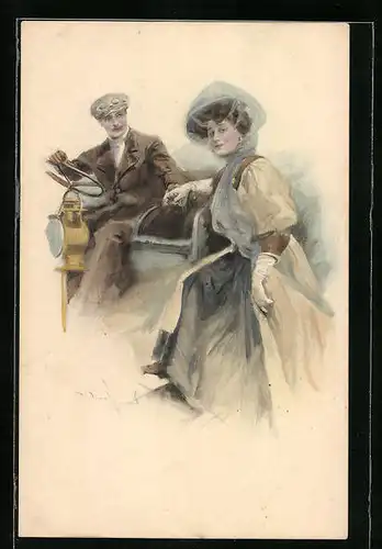 Künstler-AK M. Munk Nr. 717: Herr hilft der Dame beim Einsteigen