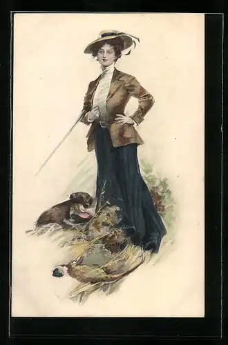 Künstler-AK M. Munk Nr. 702: Lady mit Hut bei der Jagd