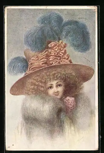 Künstler-AK M. Munk Nr. 459: Lady mit blauem Hutschmuck und Pelz