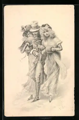 Künstler-AK M. Munk Nr.: Zwei Damen mit Muff und einem Herren in der Mitte
