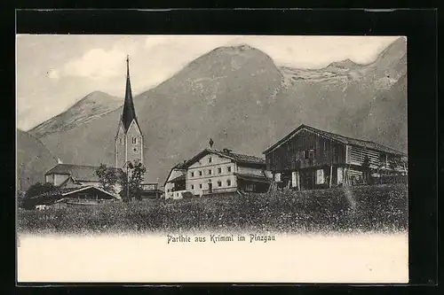 AK Krimml, Ortspartie mit Berglandschaft im Hintergrund