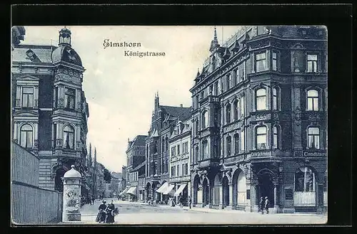 AK Elmshorn, Königstrasse mit Cafe Schrader und Litfasssäule