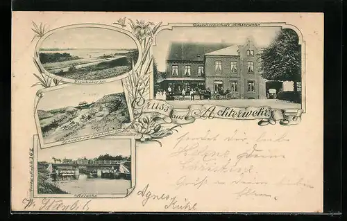 Passepartout-AK Achterwehr, Gastwirtschaft Achterwehr, Stauwehr am Flemhuder See, Aalwehr