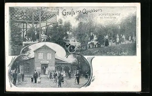 Passepartout-AK Quickborn, Gasthaus Schützenhof, Garten- und Gebäudeansicht mit Gästen