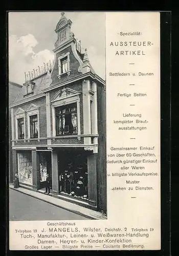 AK Wilster, Geschäftshaus der Tuchhandlung J. Mangels in der Deichstrasse 2, rückseitig Logo der dt. Einkaufsvereinigung