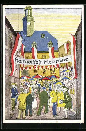 Künstler-AK Meerane Heimatfest 1930, Am Rathaus, Festpostkarte