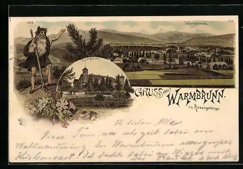 Lithographie Warmbrunn i. Riesengebirge, Ortsansicht mit Kursaal, Rübezahl