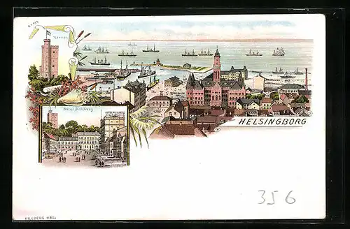 Lithographie Helsingborg, Totalansicht mit Hotel Mollberg