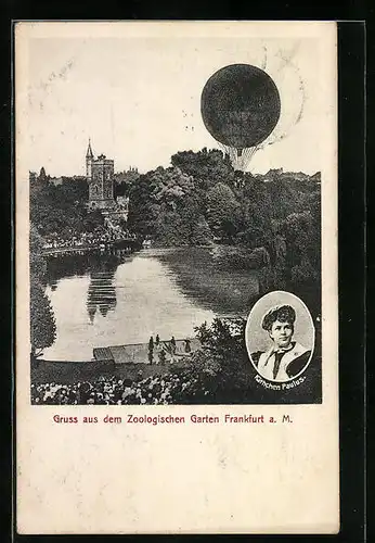 AK Frankfurt a. M., Ballon über dem Zoologischen Garten