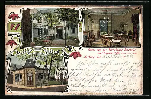 AK Harburg, Restaurant Münchener Bierhalle und Wiener Cafe, Innenansicht, Konzertgarten mit Musikpavillon