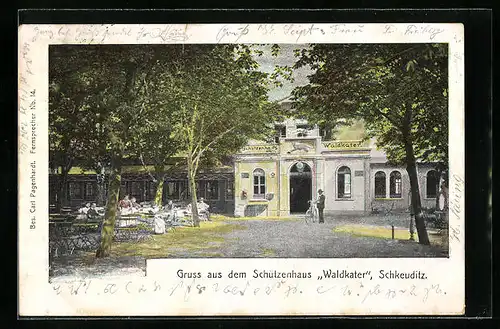 AK Schkeuditz, Gasthaus und Schützenhaus Waldkater mit Aussenbereich