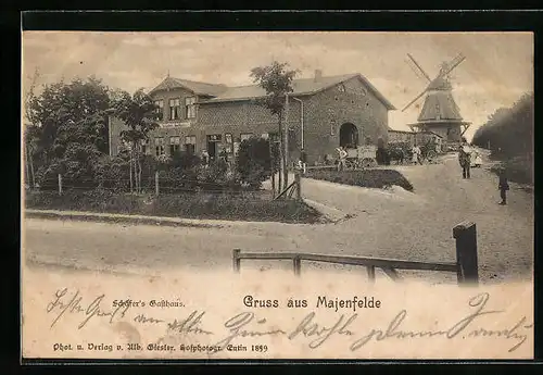 AK Majenfelde, Ortsansicht mit Mühle und Schaefer`s Gasthaus