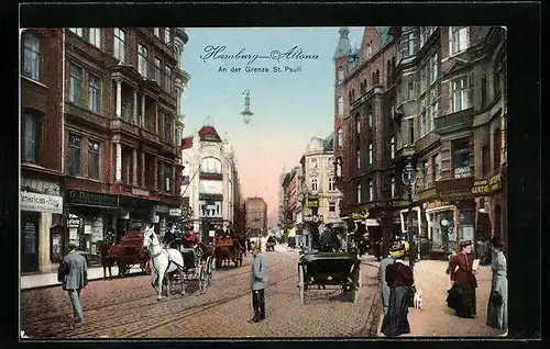 AK Hamburg-Altona, An der Grenze St. Pauli mit Droschken