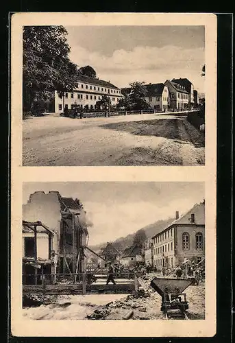 AK Bad Berggiesshübel, Unwetter am 8. /9. Juli 1927, Hauptstrasse davor und danach