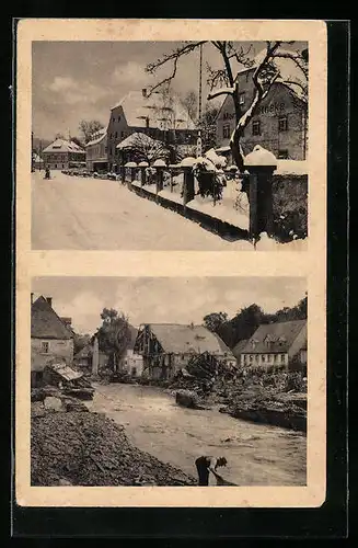 AK Bad Berggiesshübel, Hauptstrasse mit Martin-Apotheke vor und nach der Katastrophe 1927