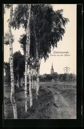 AK Elsterwerda, Partie an der Elster mit Kirche